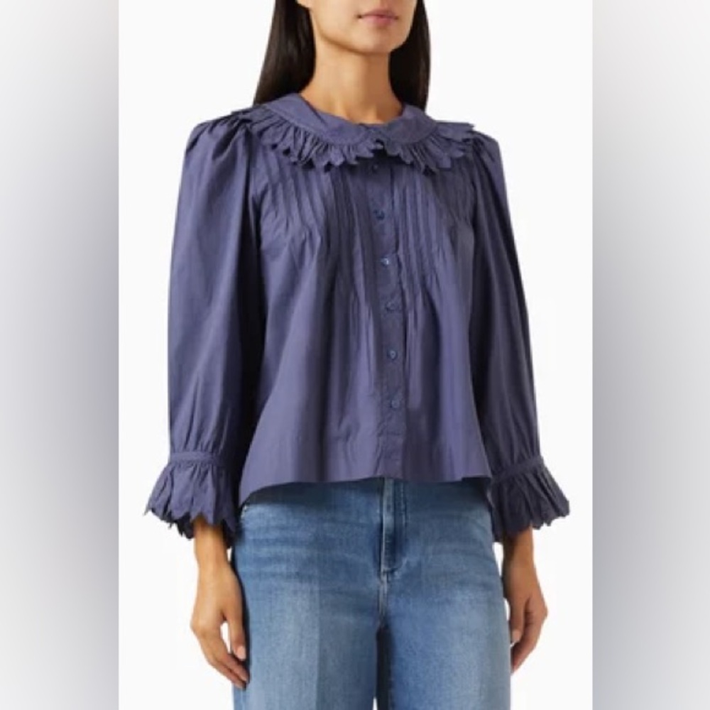 Doen Hickory Ruffled Embroidered Organic Cotton-Poplin Blouse